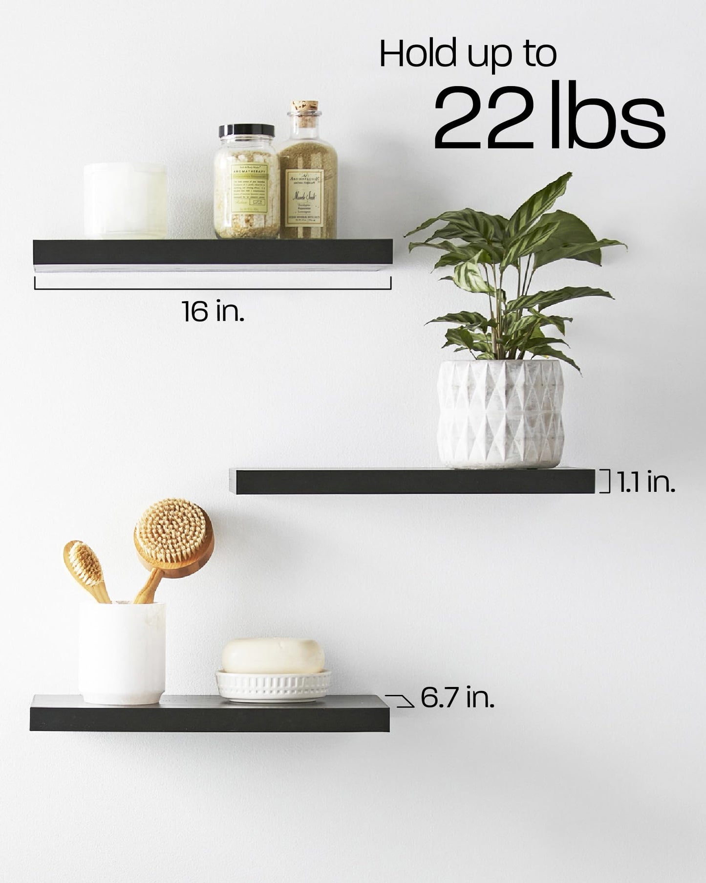 BAYKA Floating Shelves for Wall, Wall Mounted Rustic Wood Shelves for Bathroom, Bedroom, Living Room, Kitchen, Hanging Shelf for Books/Storage/Room Decor with 22lbs Capacity (Black, Set of 3, 16in)