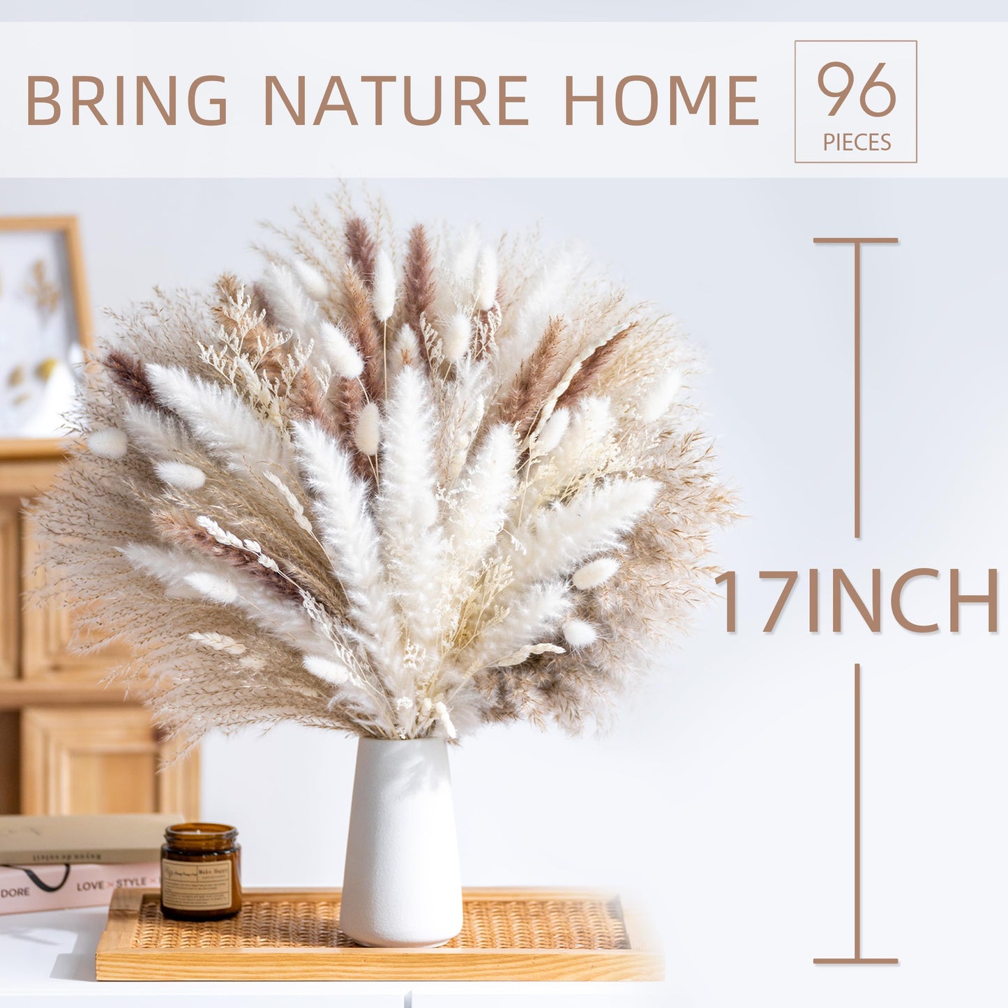 96PCS Natural Dried Pampas Grass Boho Home Decor Bouquet Phragmites Dried Flowers Bouquet for Wedding Floral Arrangements Home Decorations (96PCS)